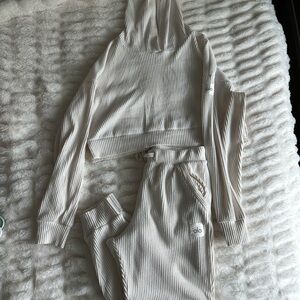 ALO Yoga Cream Ribbed Hoodie and Sweatpants Set